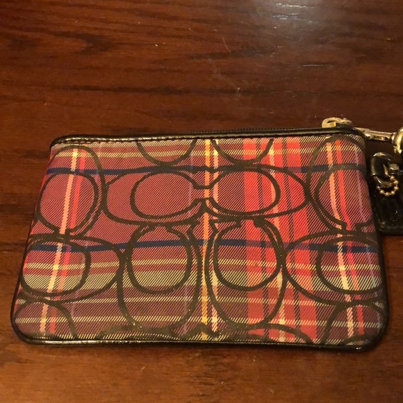 Coach Poppy Tartan Plaid Pink Purple Multi Stripe Zip Wristlet - Picture 4 of 7